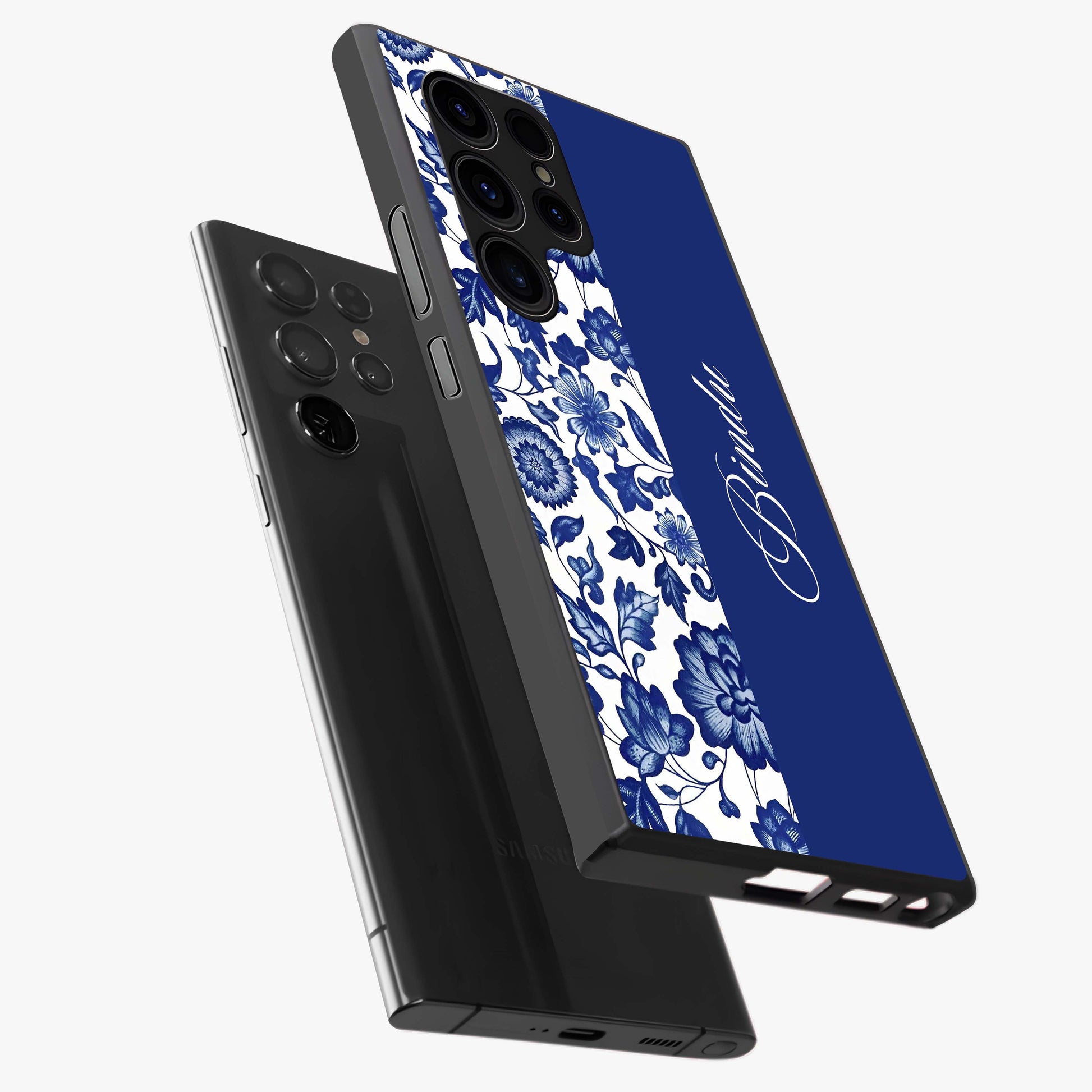 Blue Vintage Floral Pattern Glass Case displayed in angled mockup highlighting subtle bloom pattern with aesthetic pastel design.