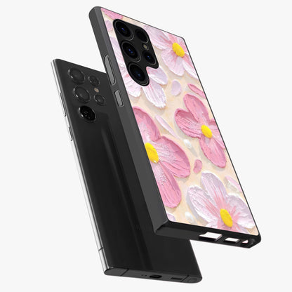 Blush Bloom Texture Glass Case displayed in angled mockup highlighting subtle bloom pattern with aesthetic pastel design.