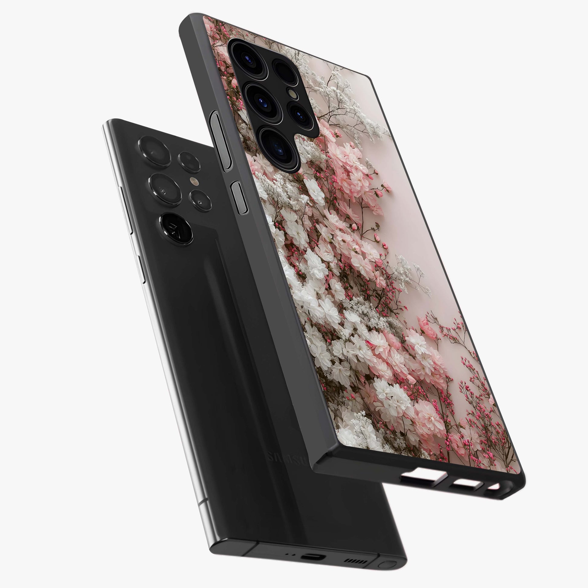 Blush Blossom Cloud Glass Case displayed in angled mockup highlighting soft cloud and blossom design with pastel aesthetic.