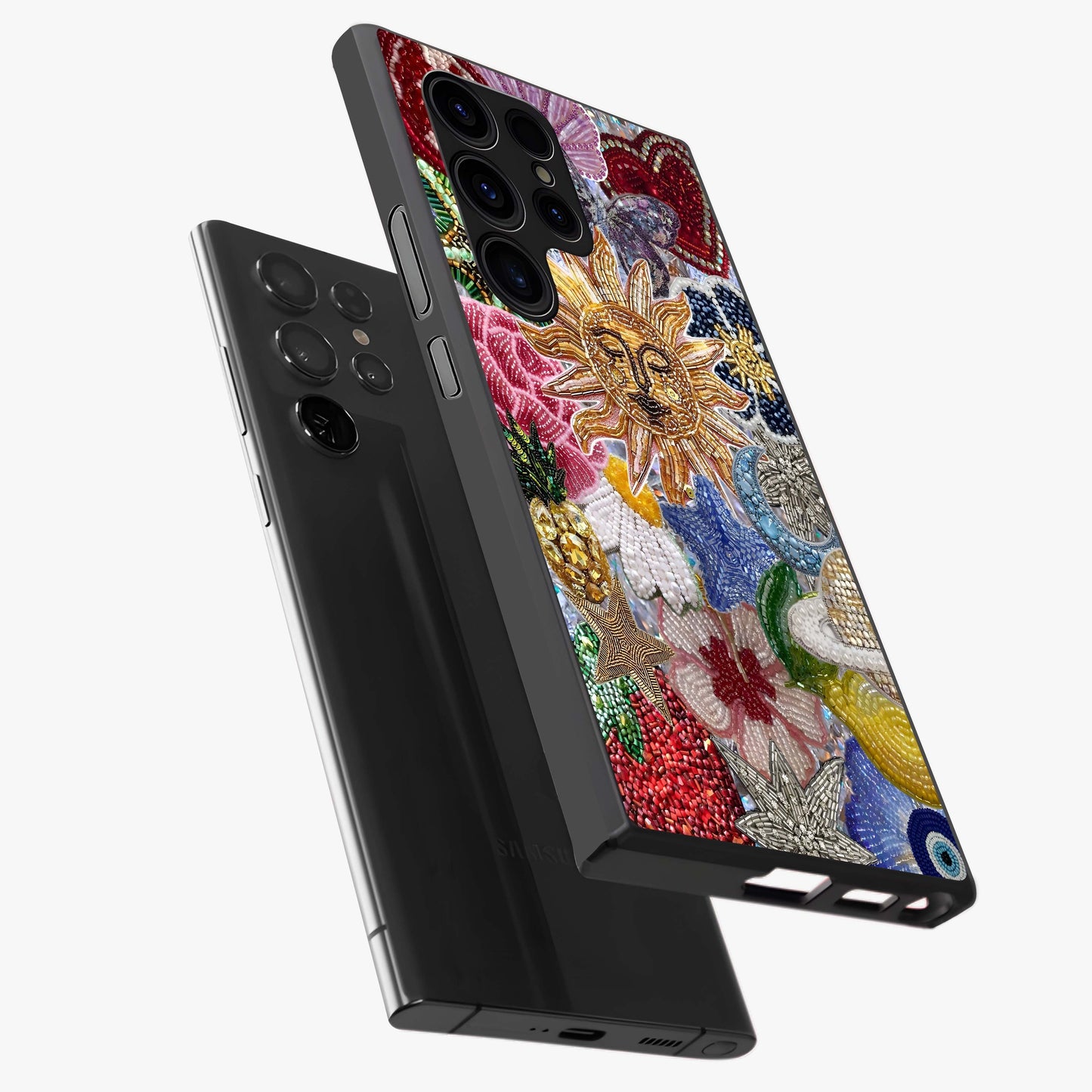 Celestial Floral and Playful Glass Case displayed in angled mockup highlighting playful floral design with dreamy celestial elements.
