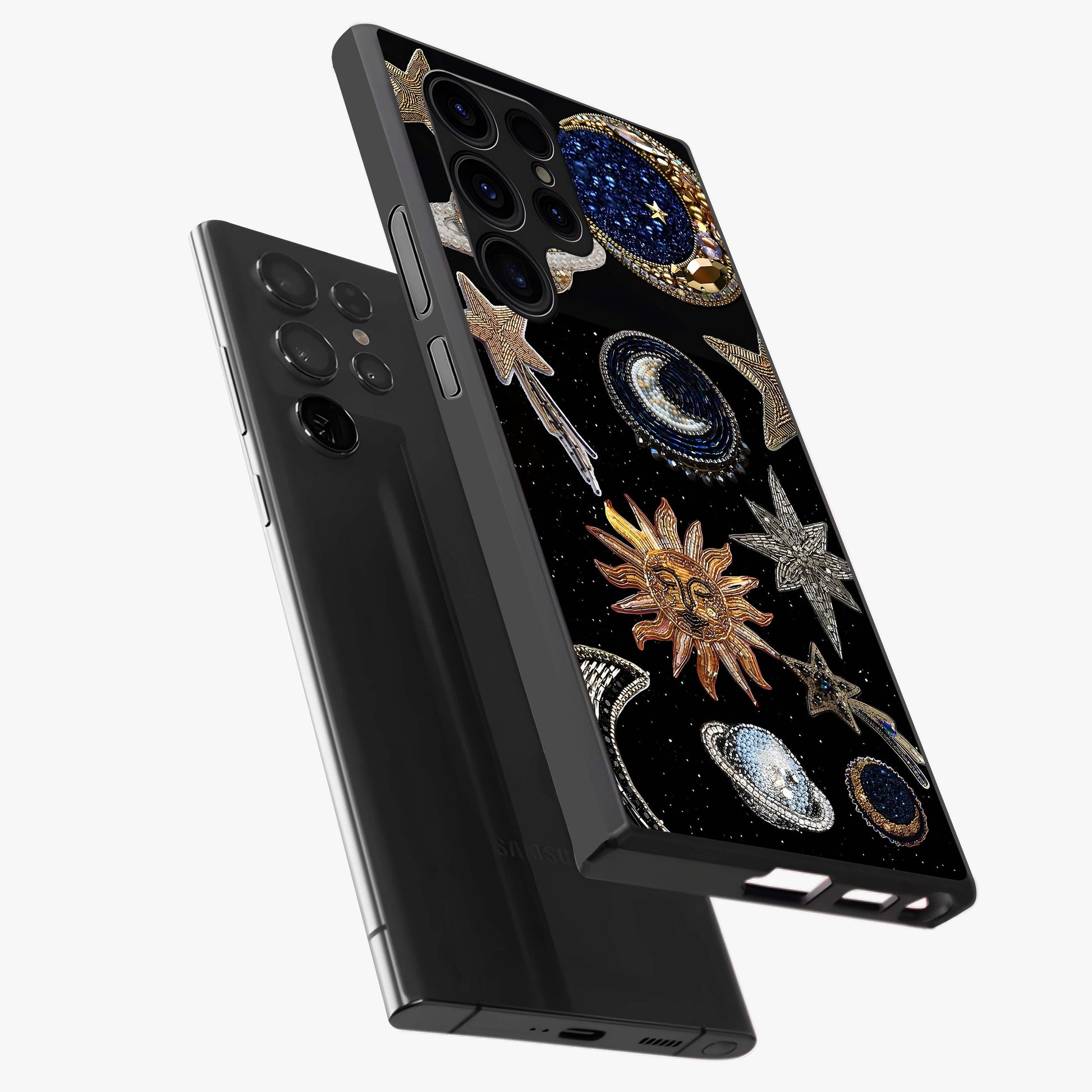 Celestial Gem Constellations Glass Case displayed in angled mockup highlighting gemstone inspired constellation design.