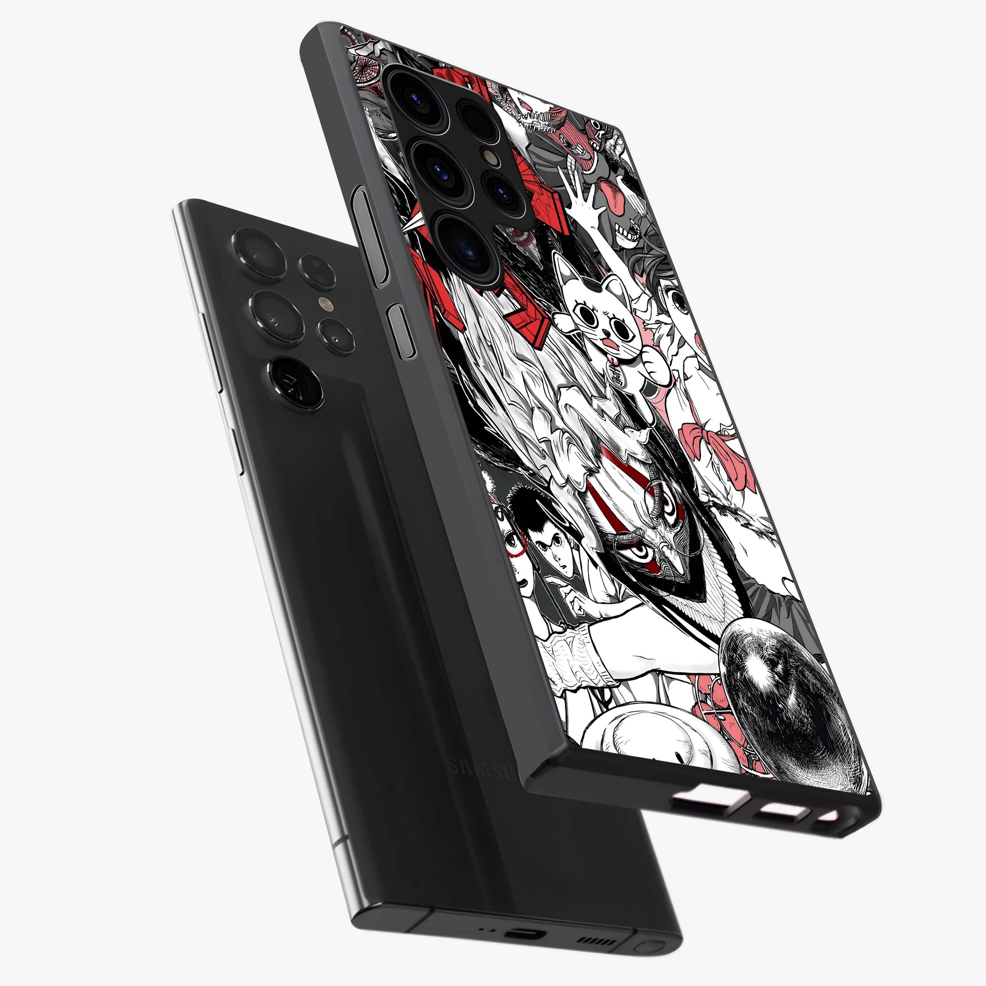 Crimson Chaos Panel Glass Case displayed in angled mockup highlighting chaotic panel style design with modern graphic theme.