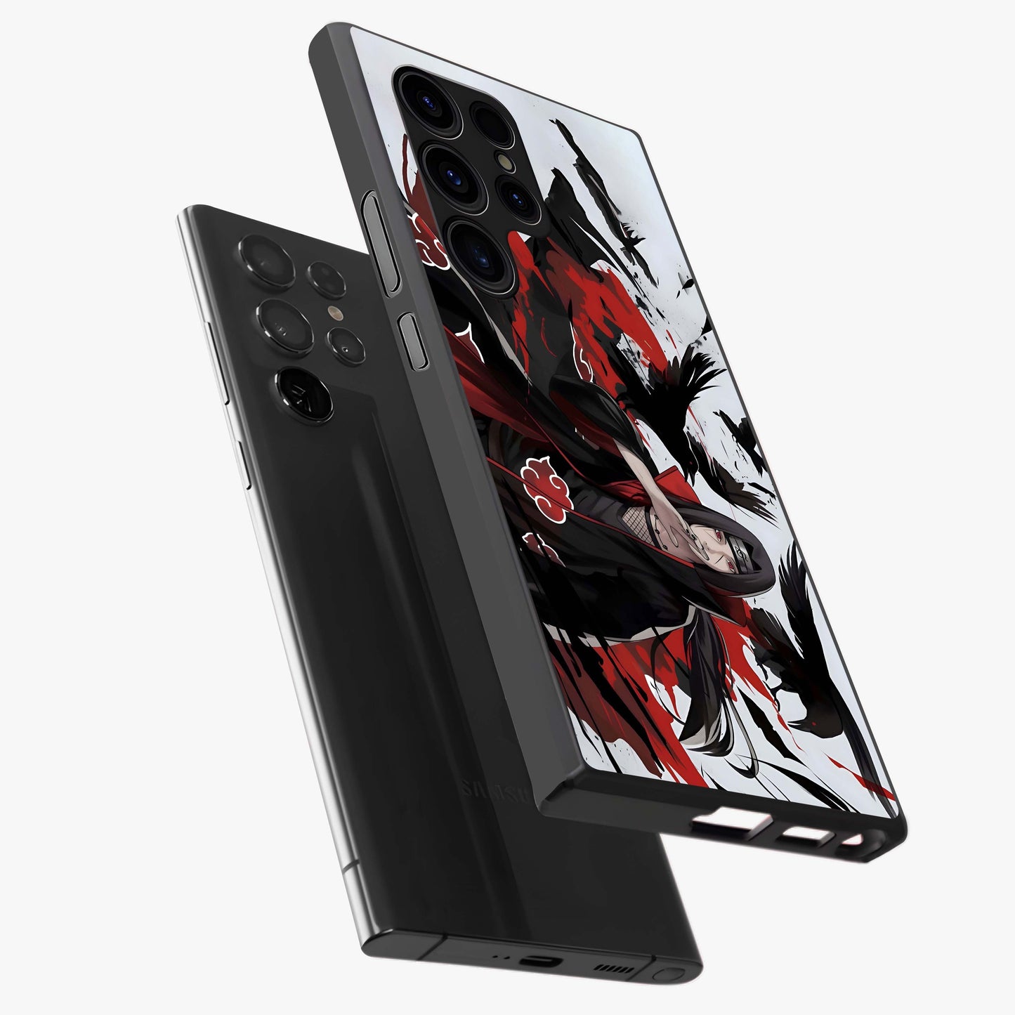 Crimson Crow Illusion Glass Case displayed in angled mockup highlighting mysterious crow graphic with dark aesthetic style.