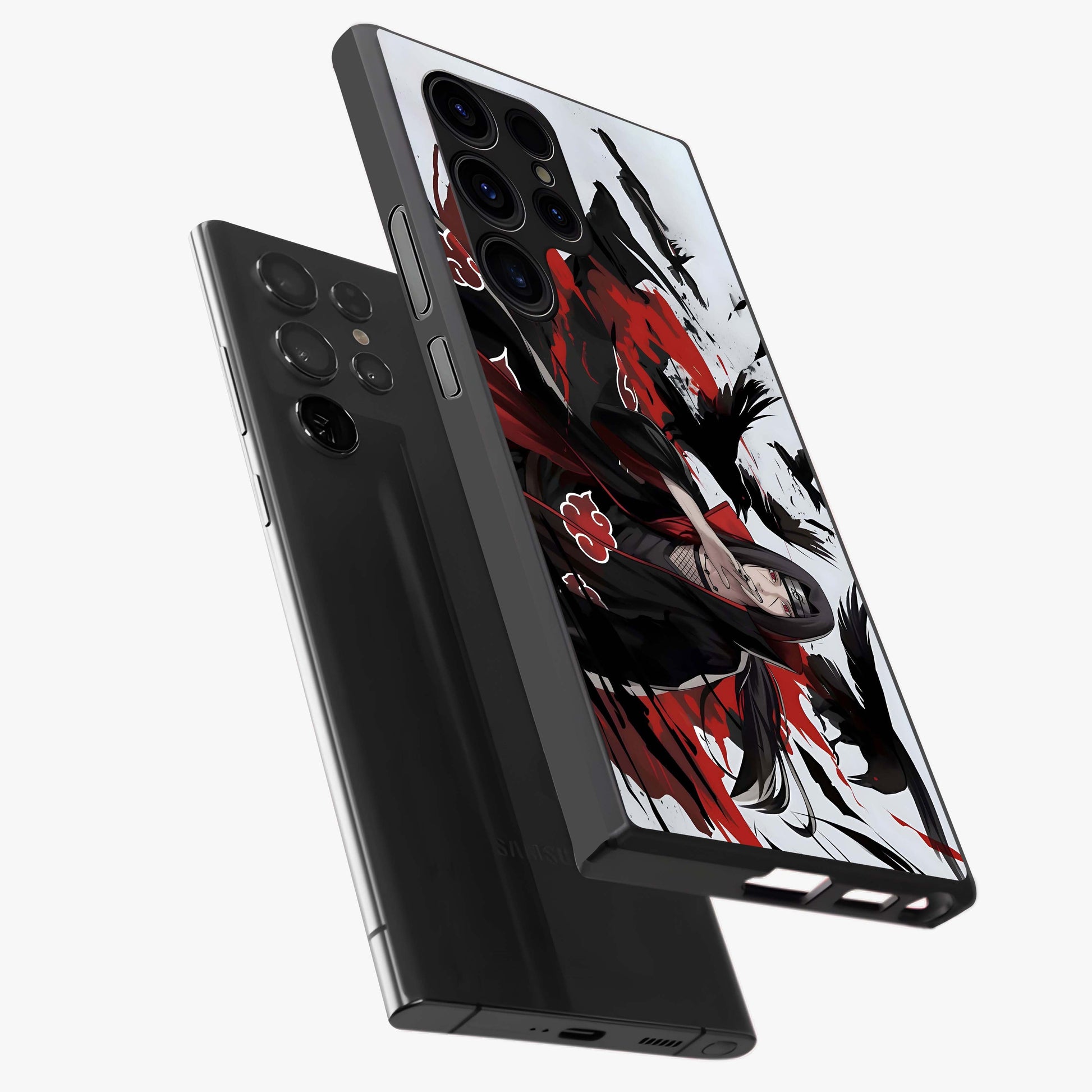 Crimson Crow Illusion Glass Case displayed in angled mockup highlighting mysterious crow graphic with dark aesthetic style.