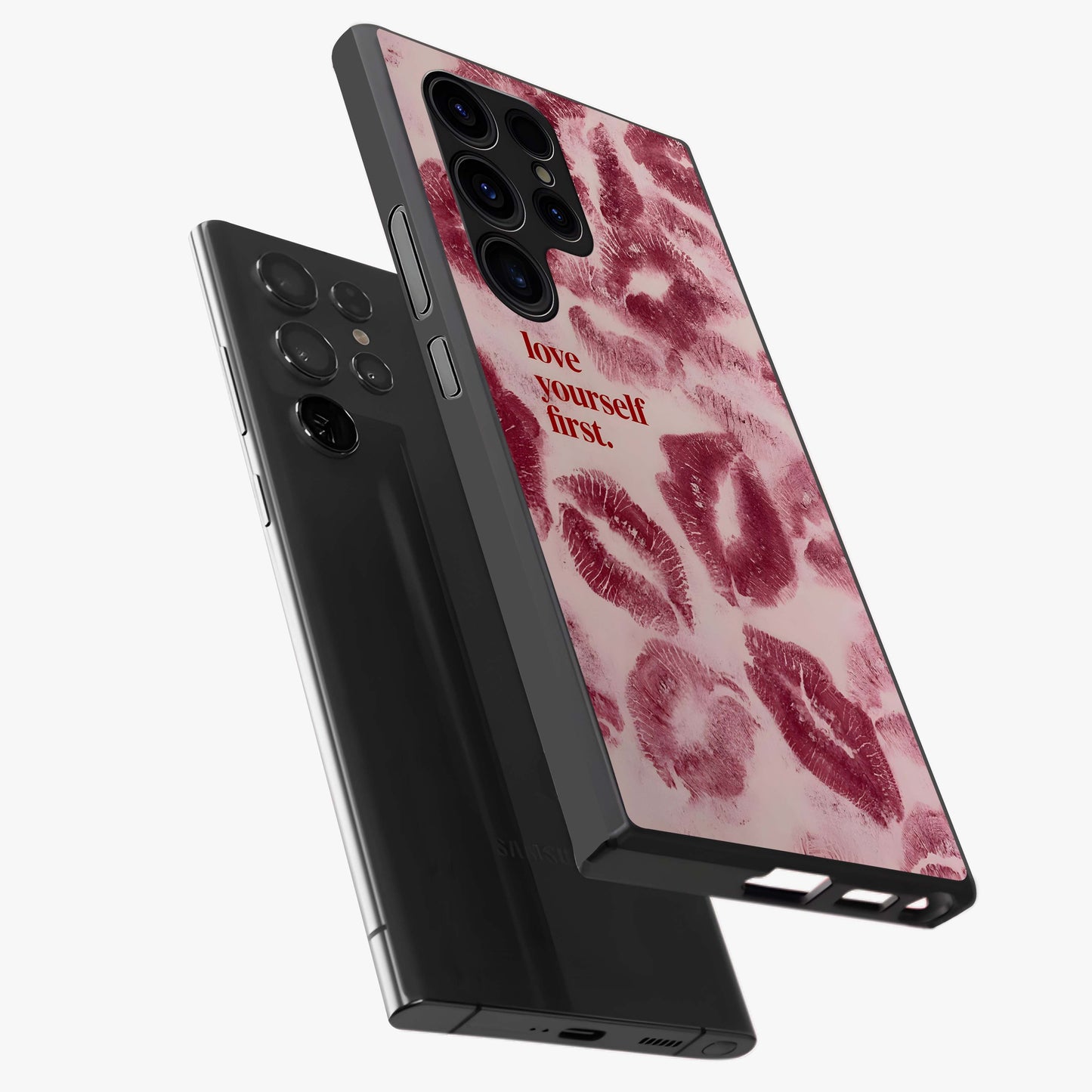 Crimson Kiss Love Glass Case displayed in angled mockup highlighting bold love inspired design with modern aesthetic style.