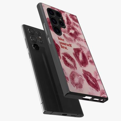 Crimson Kiss Love Glass Case displayed in angled mockup highlighting bold love inspired design with modern aesthetic style.