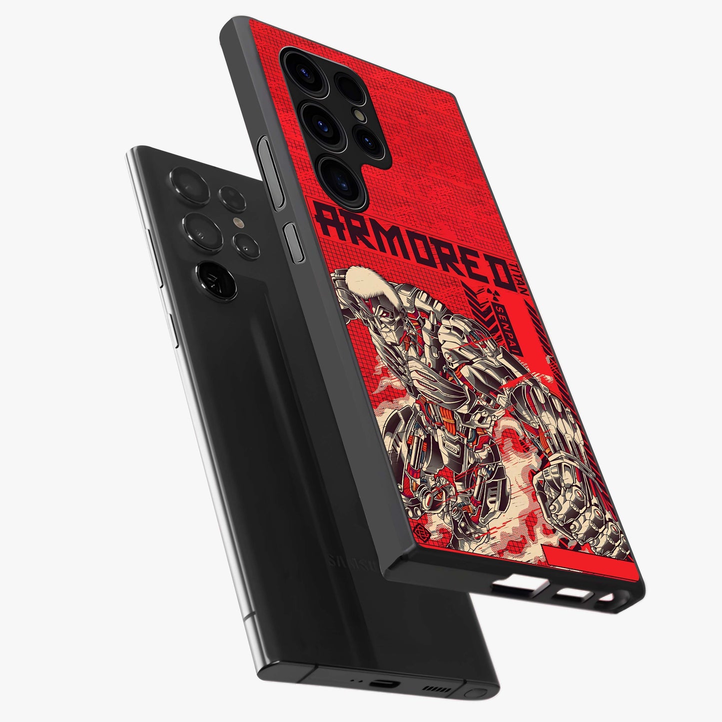 Crimson Mecha Titan Glass Case displayed in angled mockup highlighting futuristic mech illustration with bold crimson aesthetic.