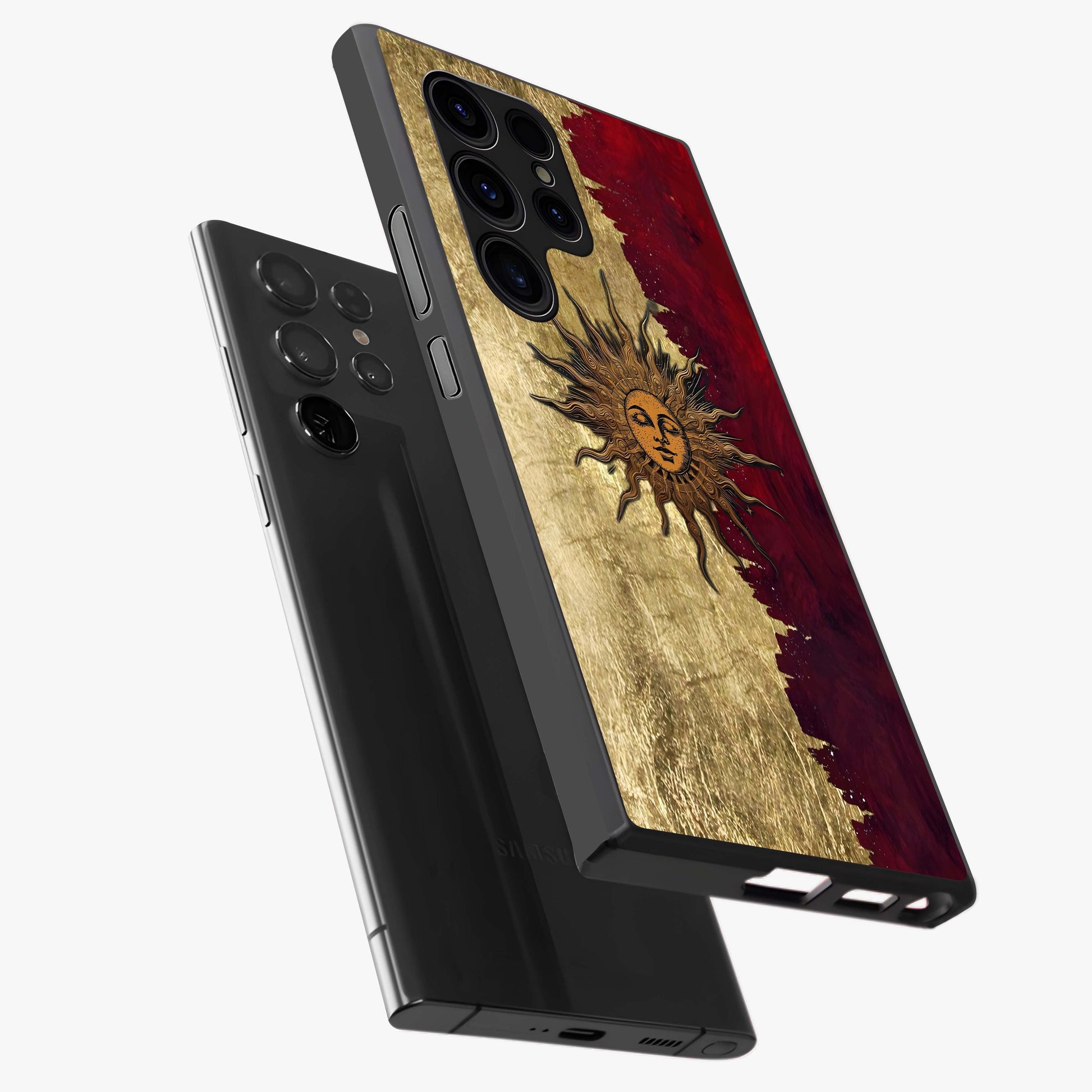 Crimson Sun Majesty Glass Case displayed in angled mockup highlighting majestic crimson sun design with bold aesthetic style.