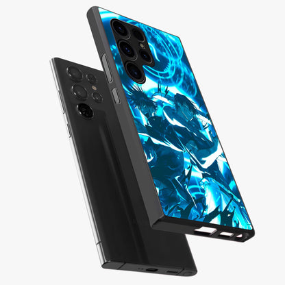 Cursed Energy Clash Glass Case displayed in angled mockup highlighting powerful battle inspired graphic with anime style aesthetic.