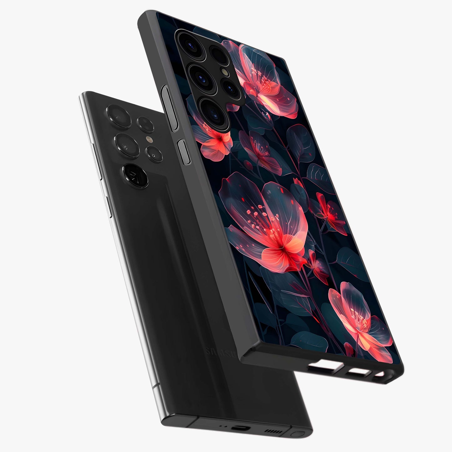 Dark Shade of Flower Glass Case displayed in angled mockup highlighting moody floral illustration with aesthetic dark tones.