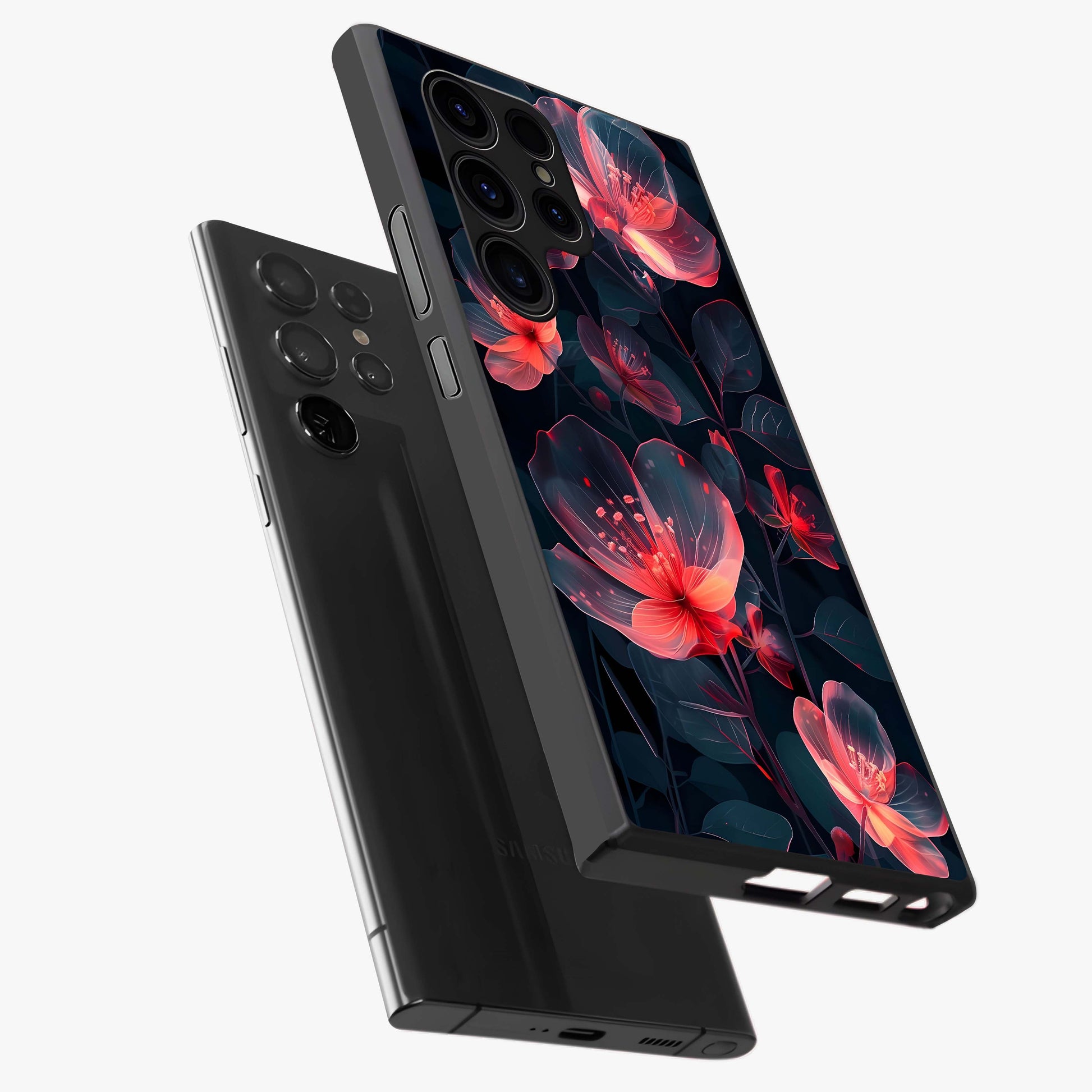 Dark Shade of Flower Glass Case displayed in angled mockup highlighting moody floral illustration with aesthetic dark tones.