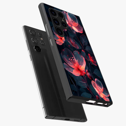 Dark Shade of Flower Glass Case displayed in angled mockup highlighting moody floral illustration with aesthetic dark tones.