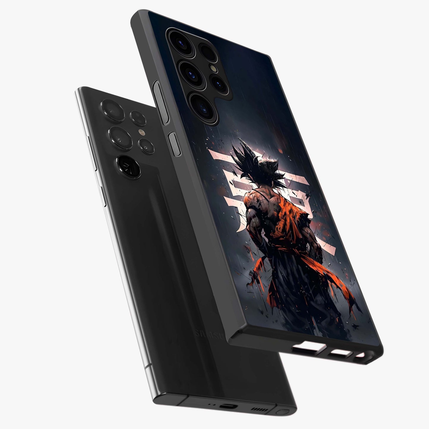 Dark Warrior In Rain Glass Case displayed in angled mockup highlighting dramatic warrior illustration with dark rain aesthetic.