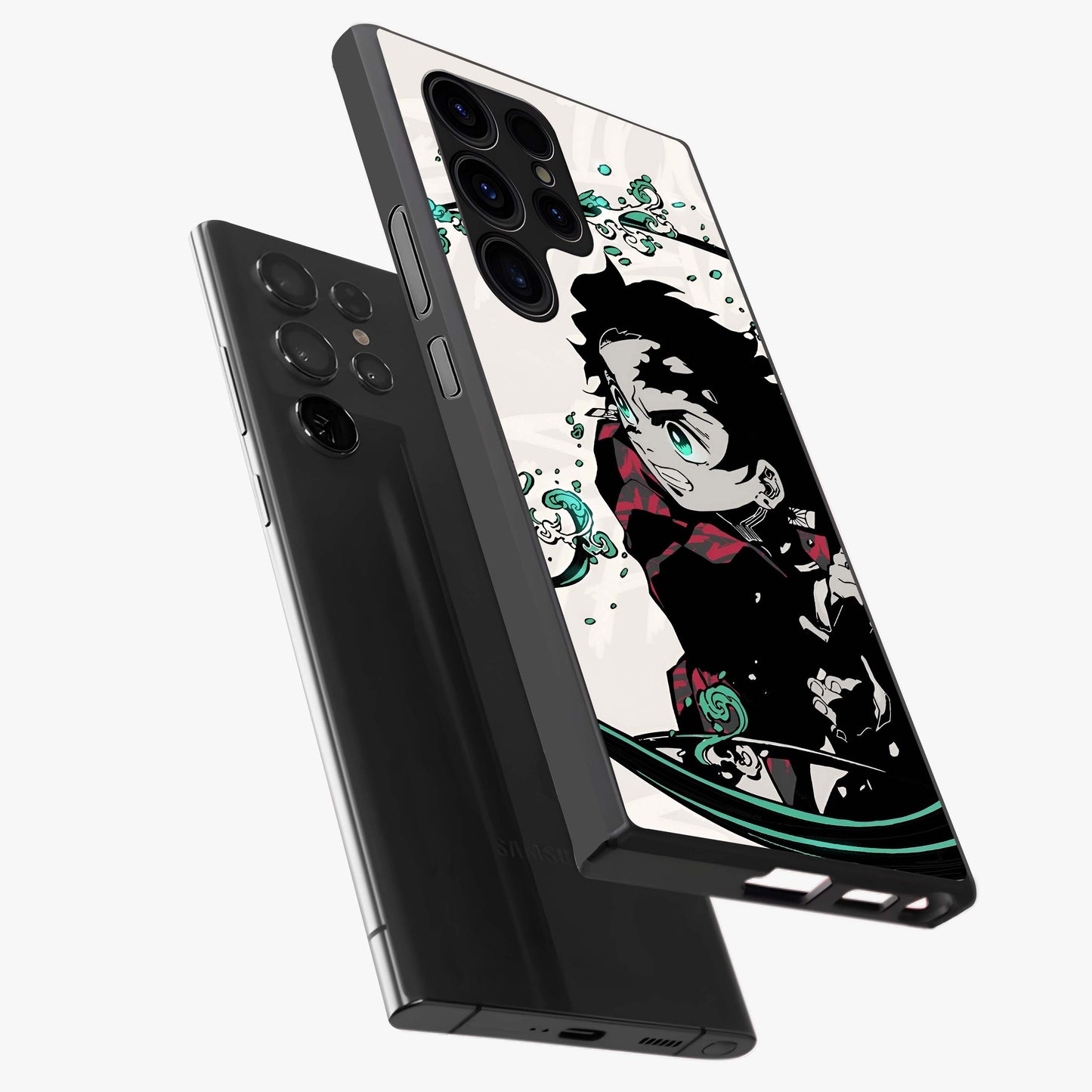 Demon Slayer Glass Case displayed in angled mockup highlighting dramatic anime character design with action aesthetic.