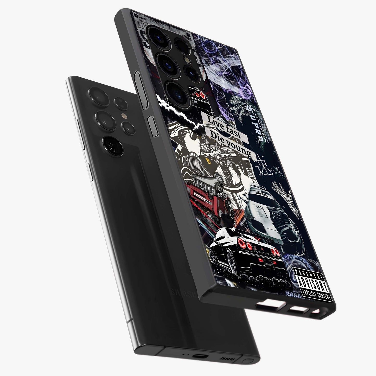 Die Young Glass Case displayed in angled mockup highlighting expressive graphic artwork with edgy aesthetic style.