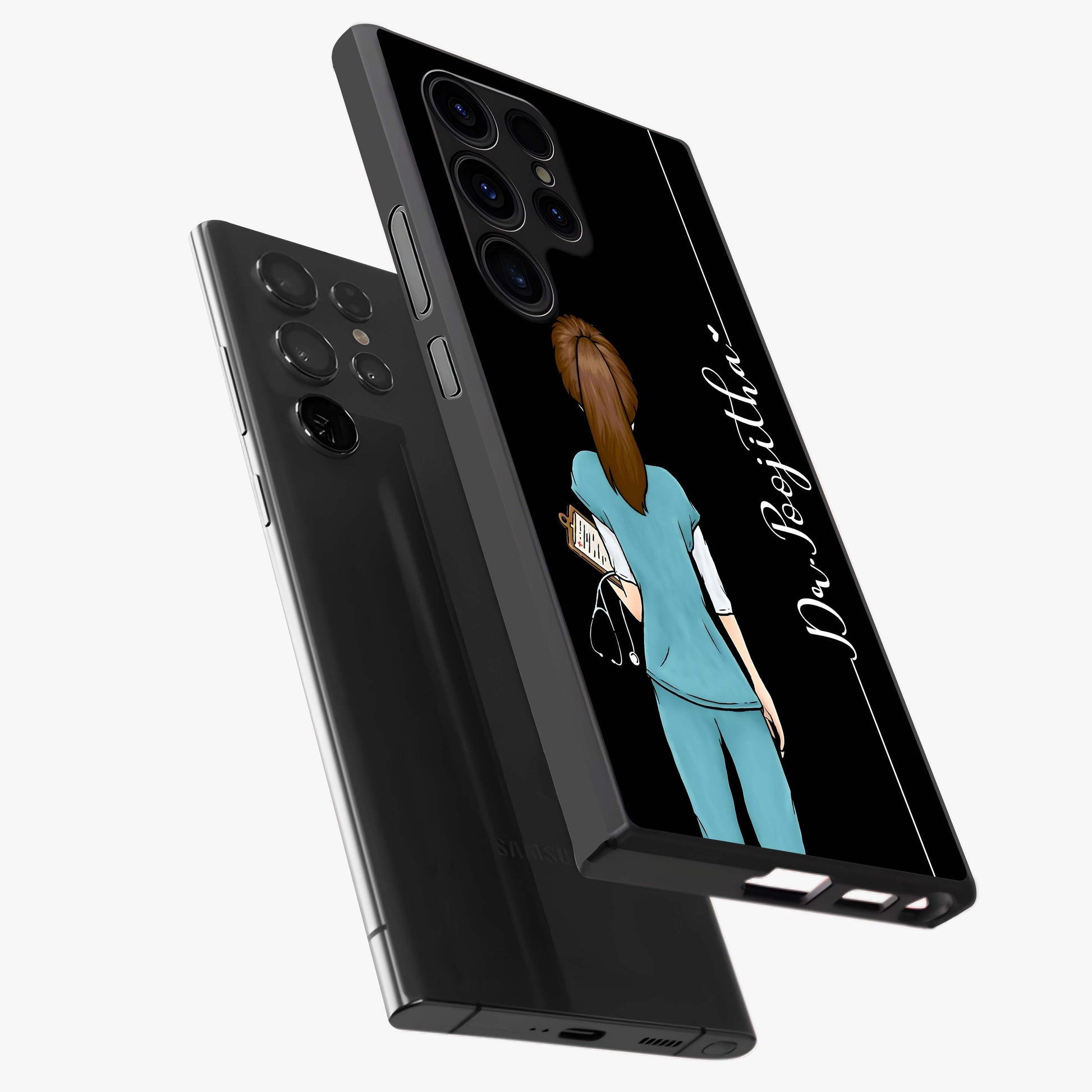 Doctor Pattern Custom Name Glass Case displayed in angled mockup highlighting doctor inspired artwork with custom name feature.