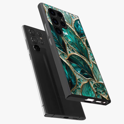 Emerald Leaf Glass Glass Case displayed in angled mockup highlighting botanical leaf illustration with elegant natural aesthetic.