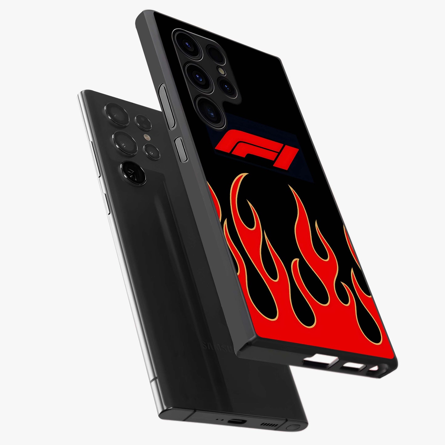 Fire F11 Glass Case displayed in angled mockup highlighting bold fire inspired graphic with energetic aesthetic style.