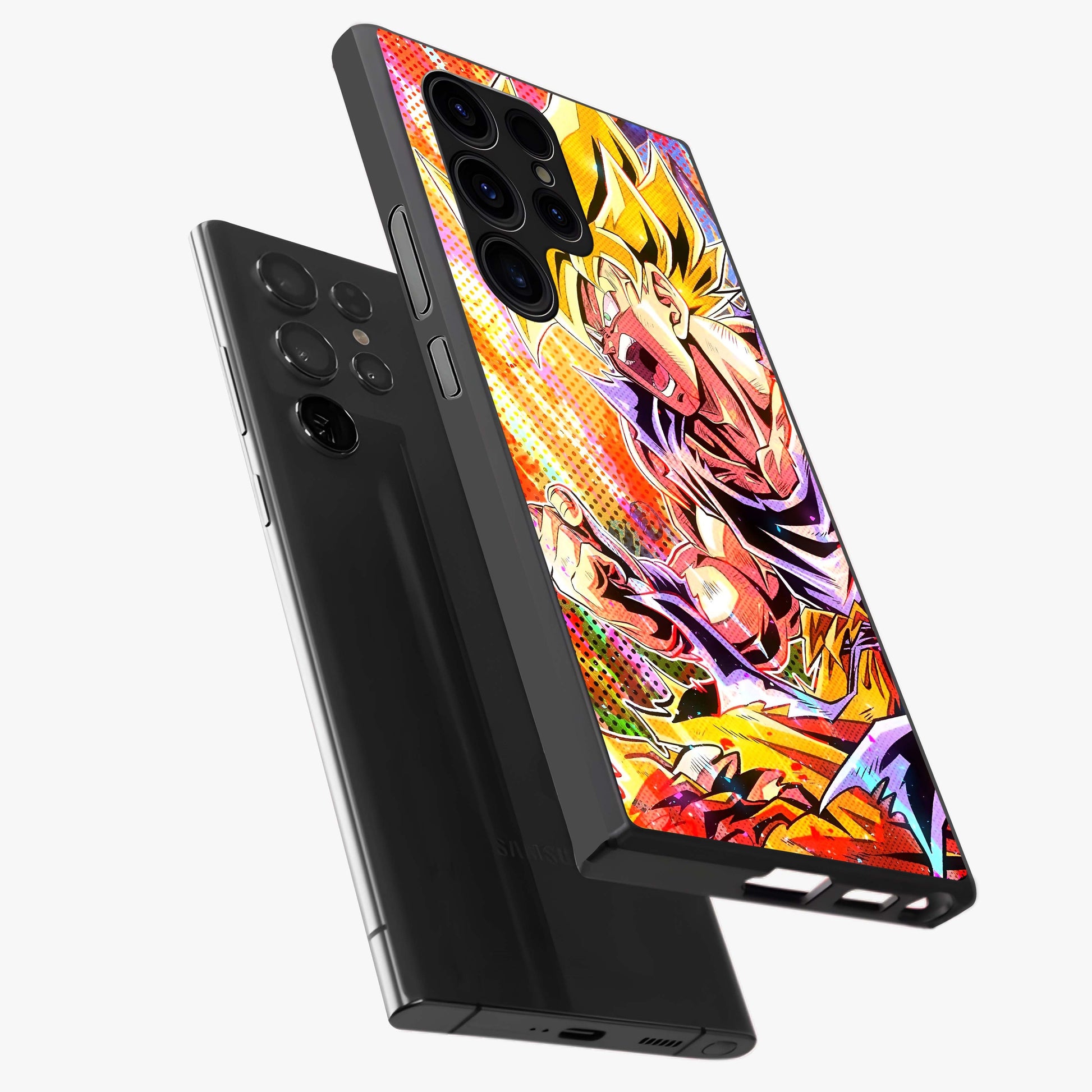 Firing Goku Glass Case displayed in angled mockup highlighting dynamic anime character design with action aesthetic.
