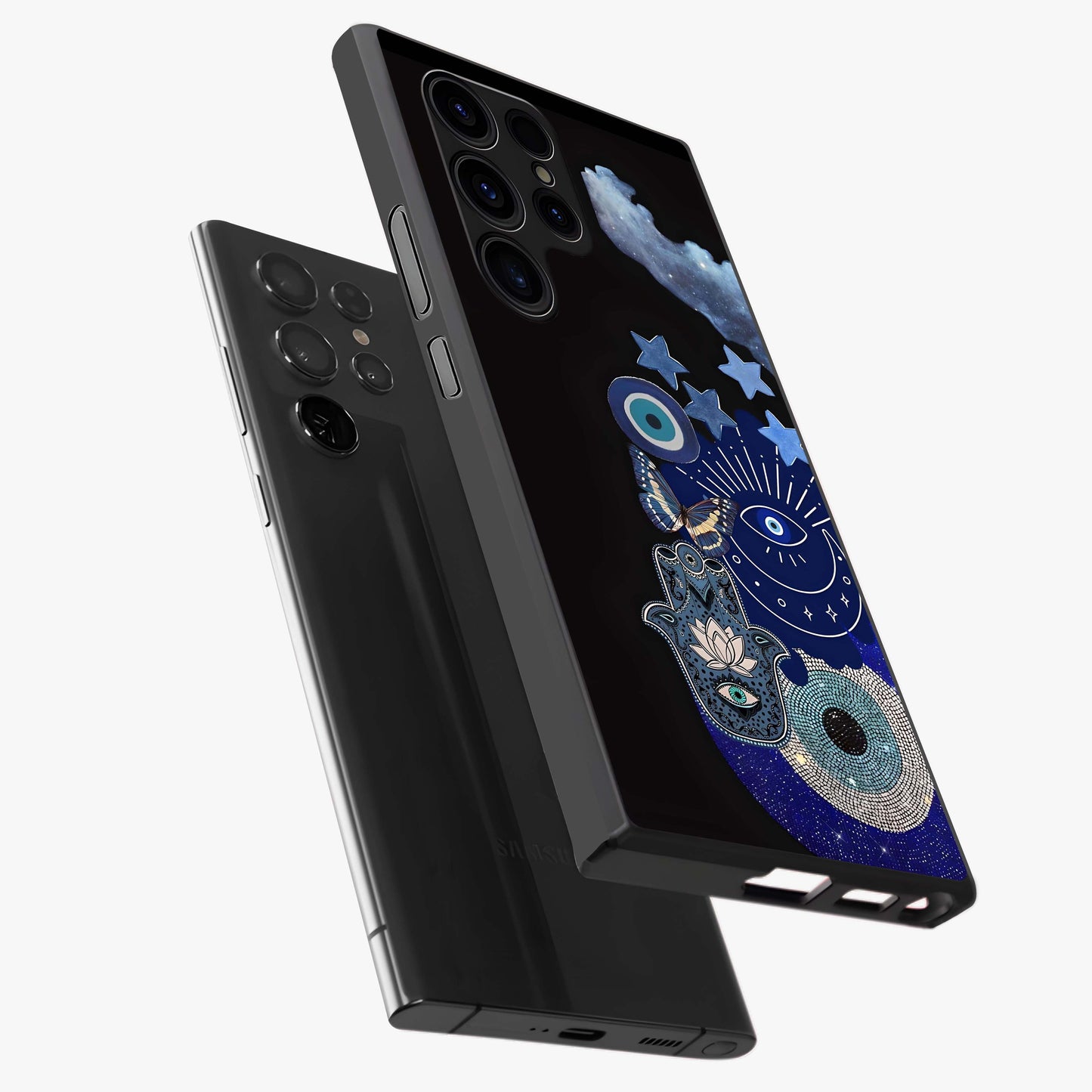 Galactic Charm Cluster Glass Case displayed in angled mockup highlighting luminous galaxy inspired design with dreamy aesthetic.