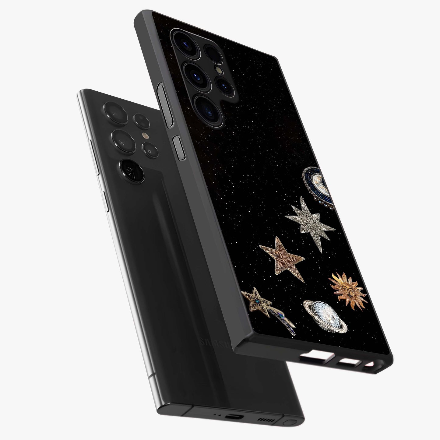 Galactic Charm Glow Glass Case displayed in angled mockup highlighting luminous galaxy inspired design with dreamy aesthetic.