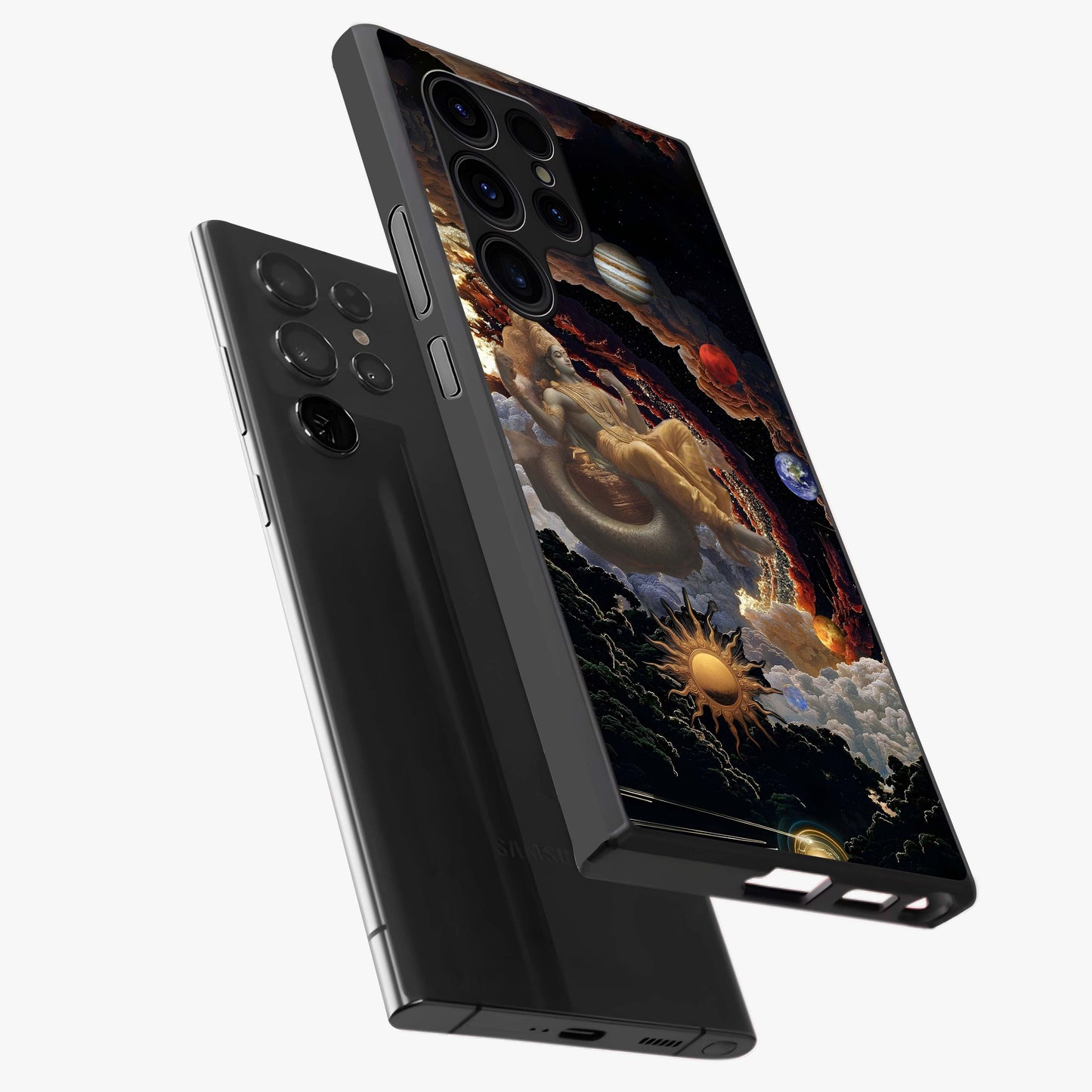 Galactic Divine God Glass Case displayed in angled mockup highlighting powerful celestial deity illustration with galactic aesthetic.