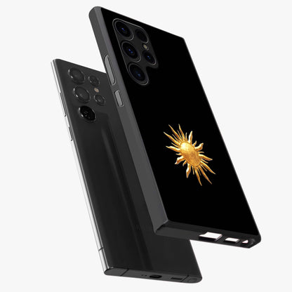 Golden Sun Minimalism Glass Case displayed in angled mockup highlighting eerie shadow illustration with gothic aesthetic.