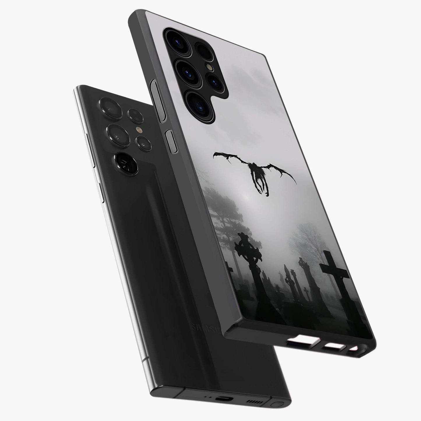 Graveyard Shadow Descent Glass Case displayed in angled mockup highlighting eerie shadow illustration with gothic aesthetic.