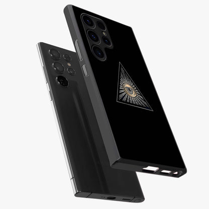 Illuminati Evil Glass Case displayed in angled mockup highlighting dark occult inspired design with bold aesthetic style.