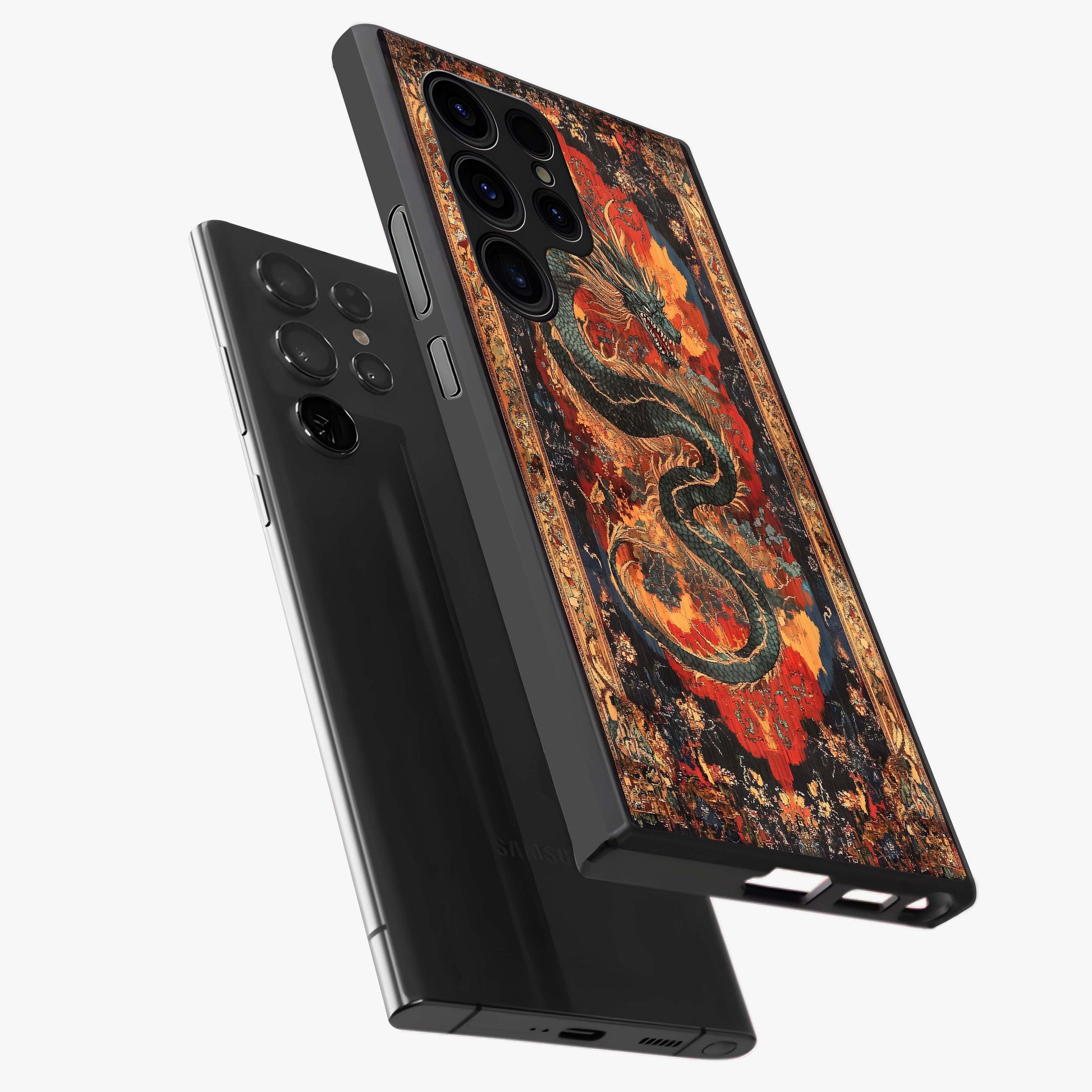 Inferno Dragon Soul Glass Case displayed in angled mockup highlighting powerful dragon illustration with inferno aesthetic.