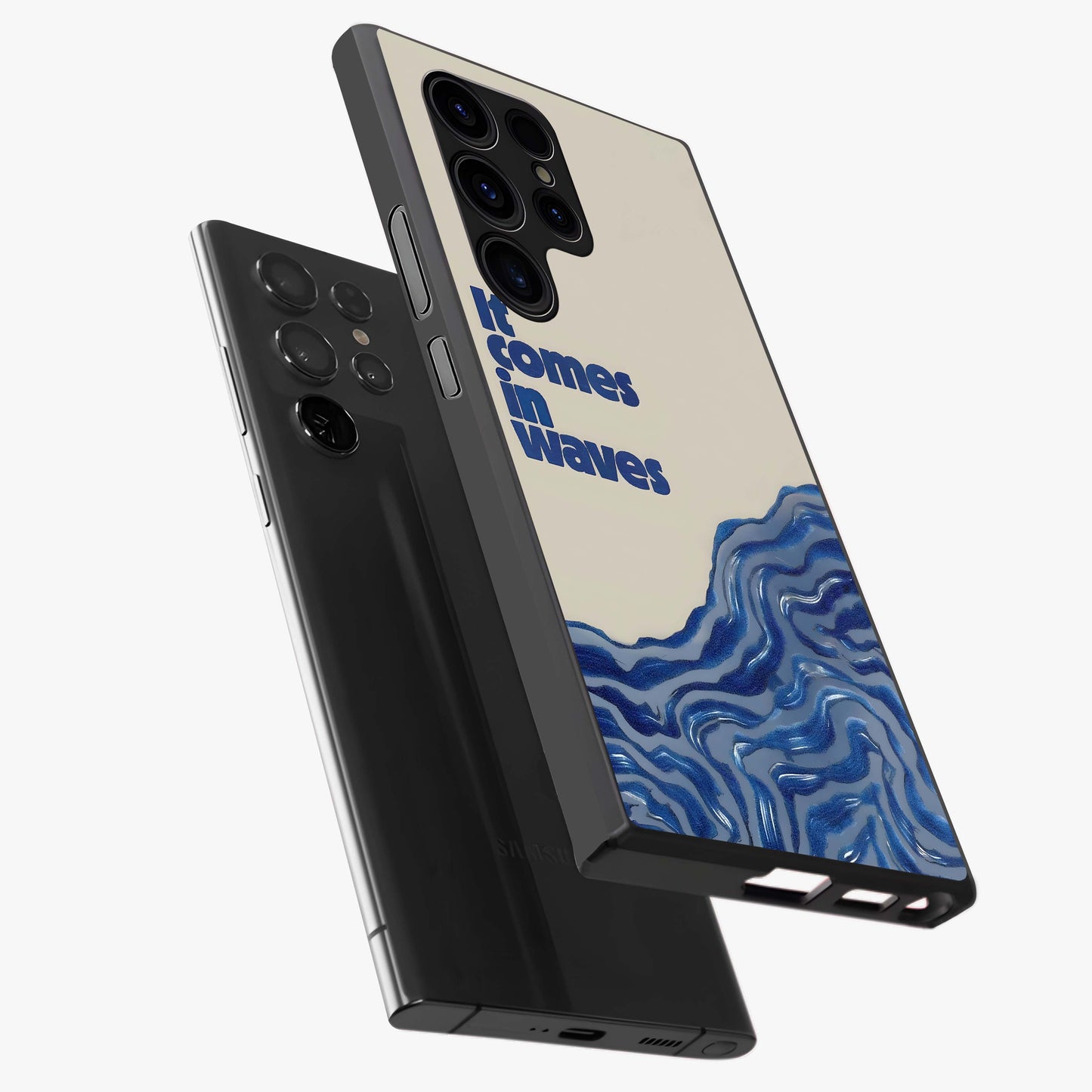 It Comes In Waves Quote Glass Case displayed in angled mockup highlighting ocean wave typography design with aesthetic style.