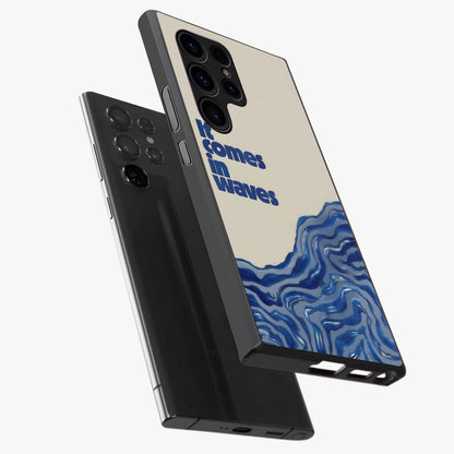 It Comes In Waves Quote Glass Case displayed in angled mockup highlighting ocean wave typography design with aesthetic style.