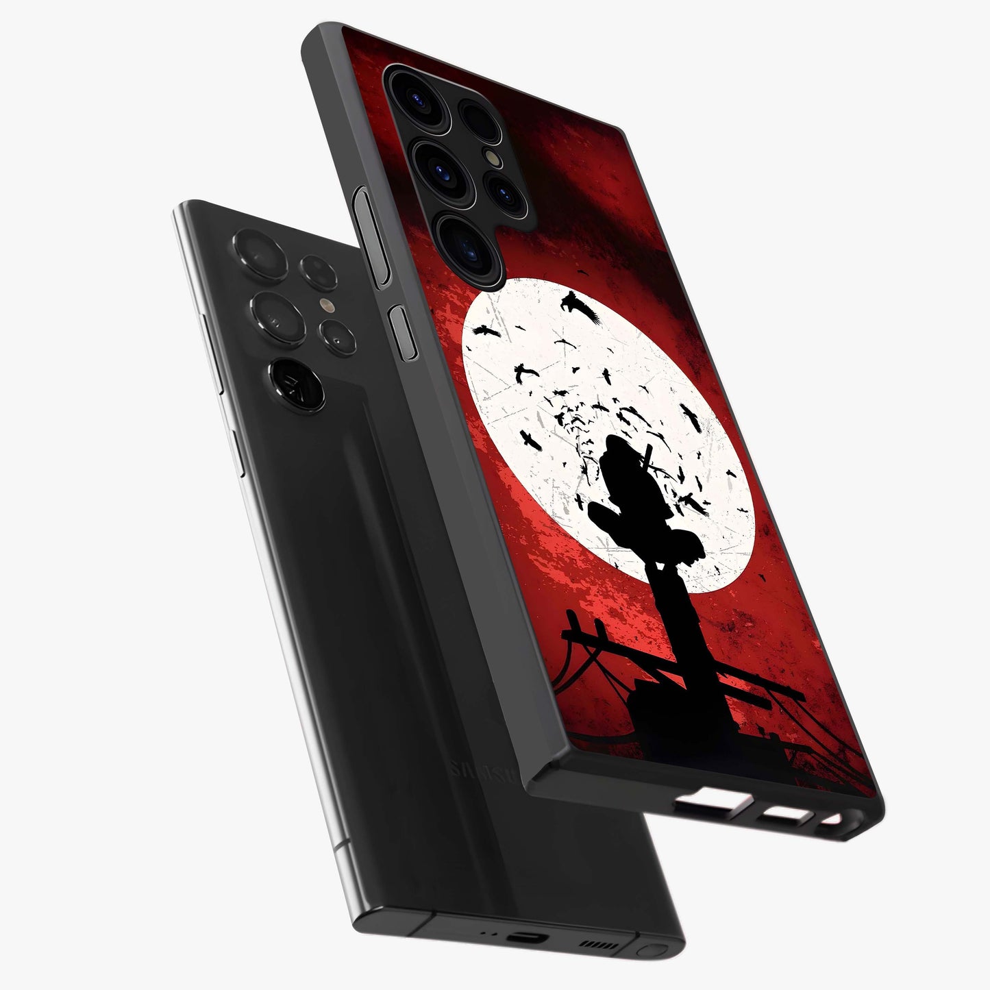 Itachi Limited Edition Naruto Anime Glass Case displayed in angled mockup highlighting dramatic anime illustration with bold action aesthetic.