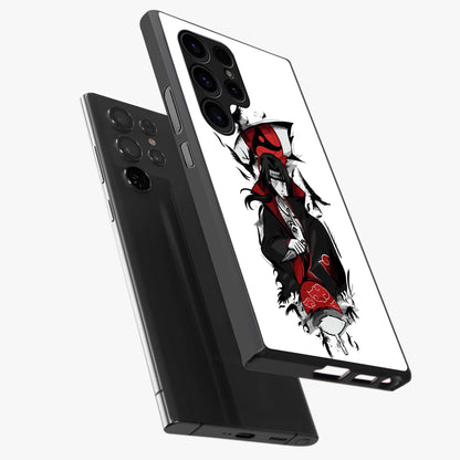Itachi Sharingan Glass Case displayed in angled mockup highlighting striking sharingan eye design with dramatic anime aesthetic.