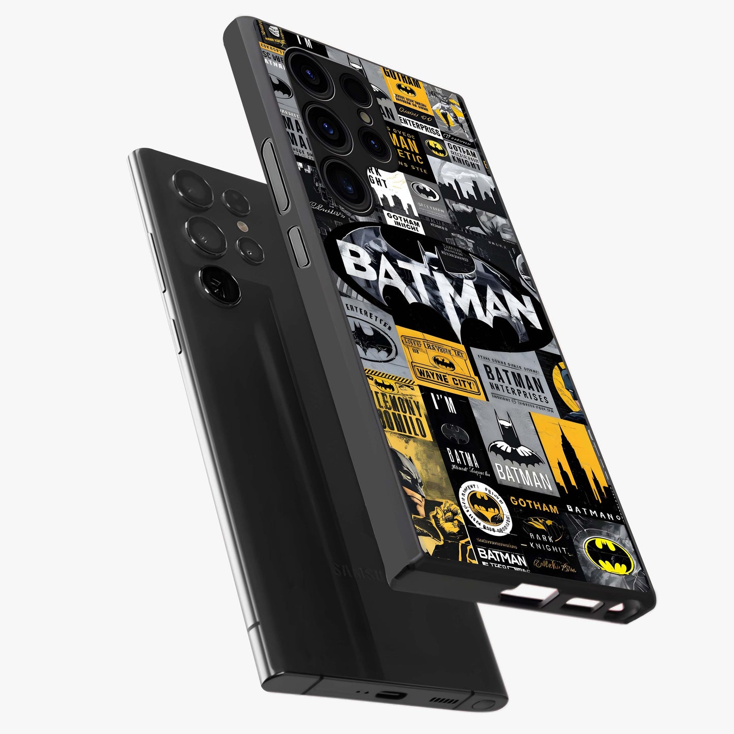 Knight Gotham Rise Glass Case displayed in angled mockup highlighting powerful knight silhouette design with dramatic aesthetic.