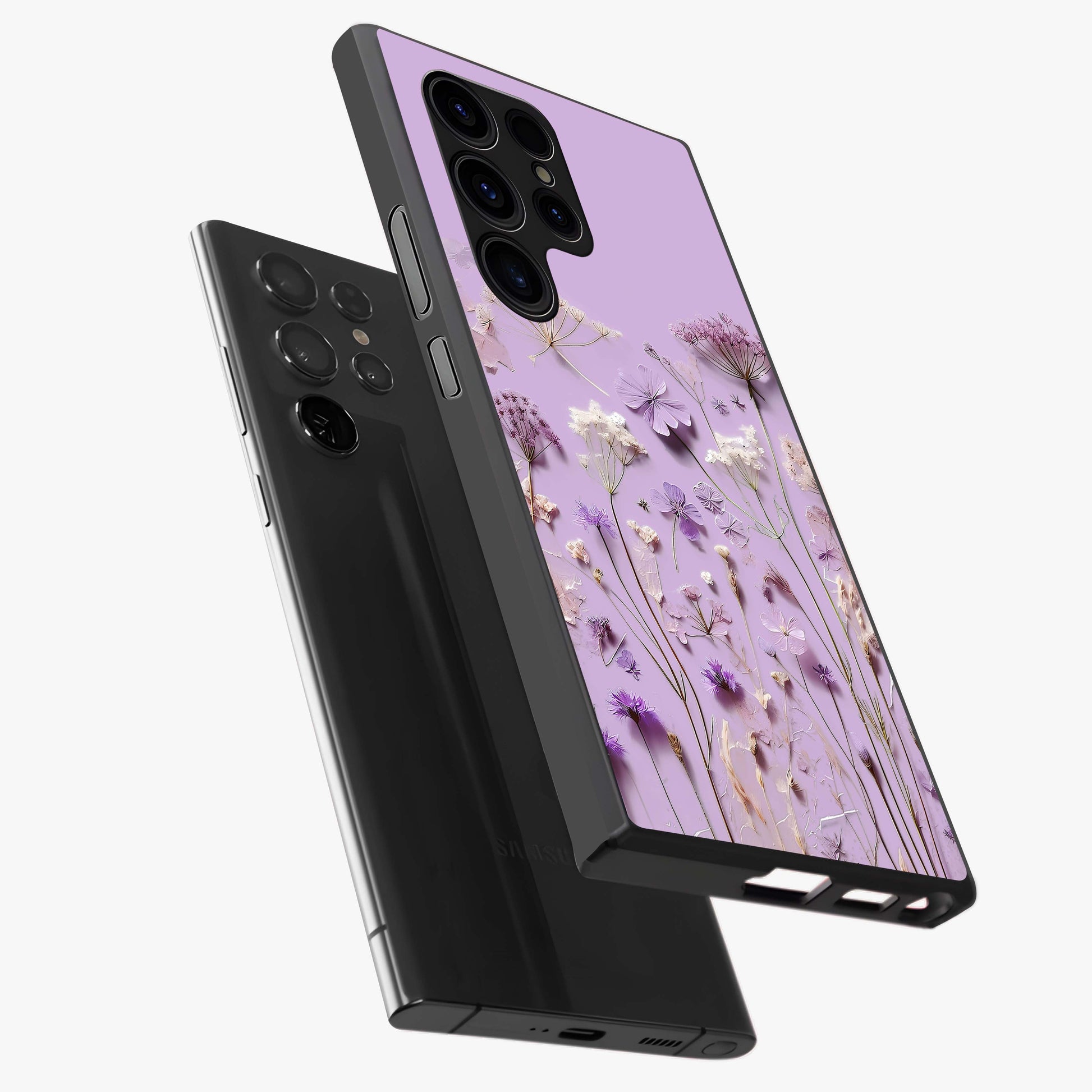 Lavender Blossom Dream Glass Case displayed in angled mockup highlighting dreamy lavender flower design with calming aesthetic style.