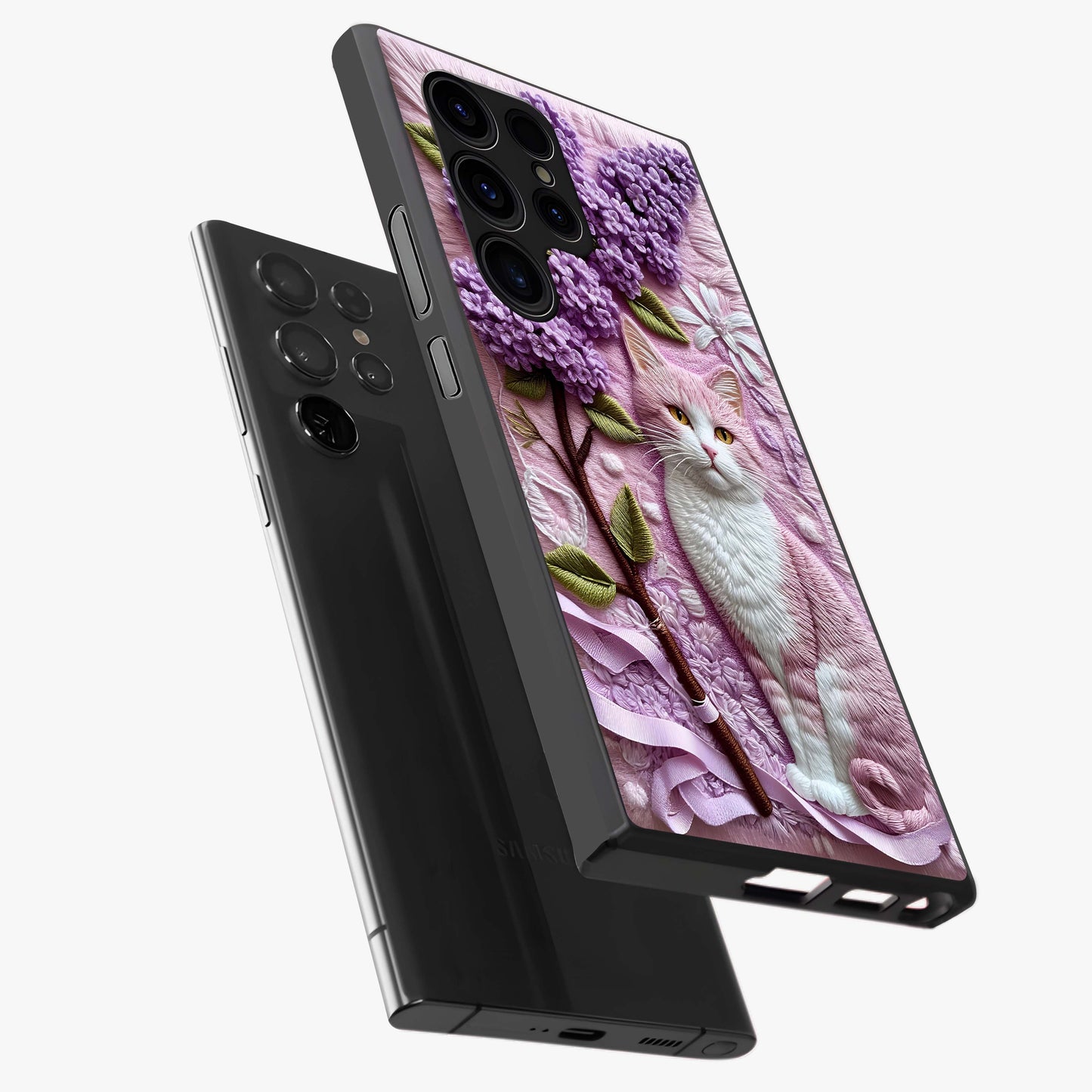 Lavender Cat Whimsy Glass Case displayed in angled mockup highlighting playful feline illustration with pastel lavender aesthetic.