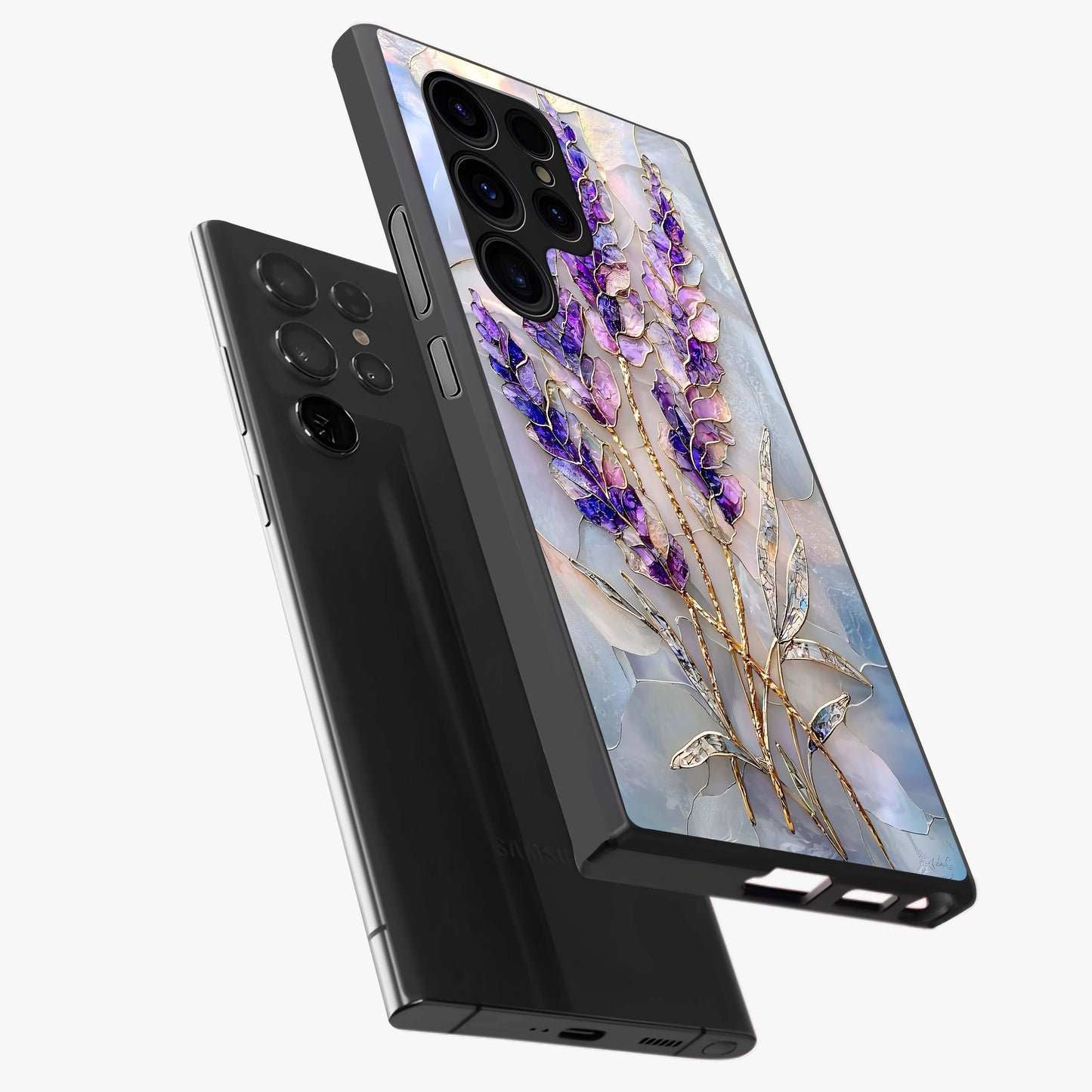 Lavender Dream Glow Glass Case displayed in angled mockup highlighting dreamy purple glow design with soft artistic style.