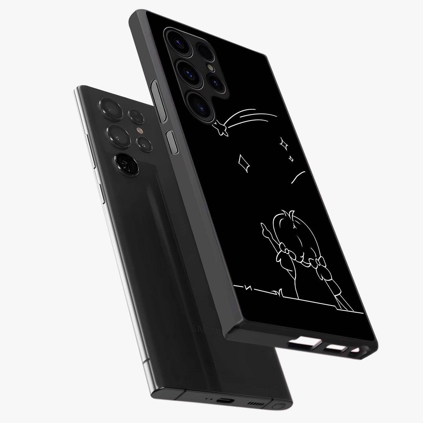 Line Art Girl With Shooting Stars Glass Case displayed in angled mockup highlighting elegant line art design with dreamy star aesthetic.