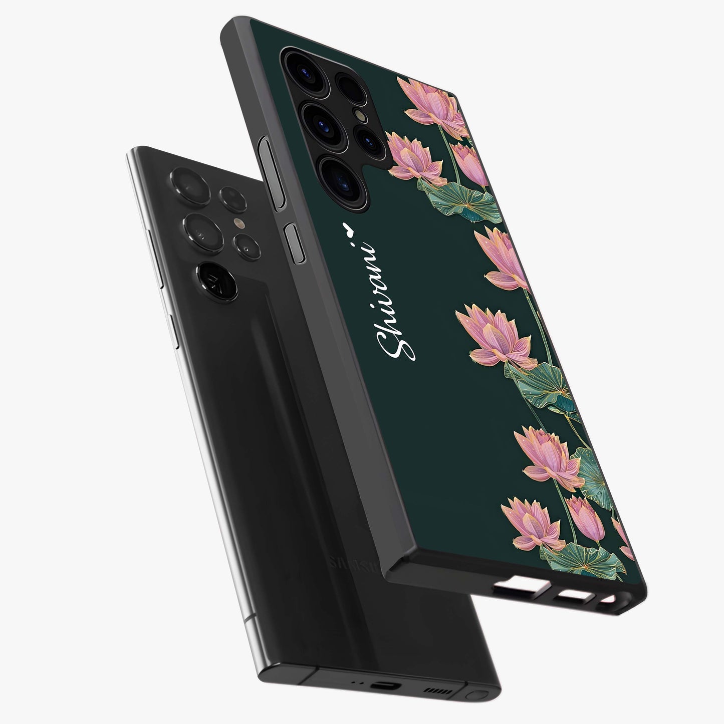 Lotus Bloom Serenity Custom Name Glass Case displayed in angled mockup highlighting graceful lotus illustration with custom name feature.