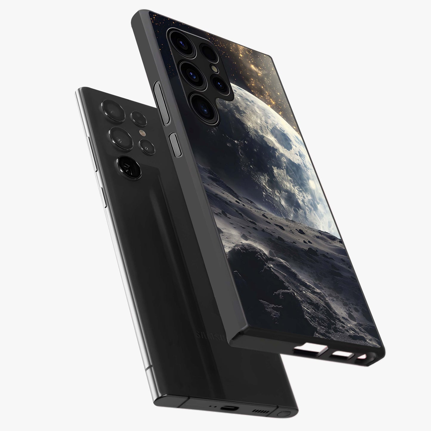 Lunar Horizon Glow Glass Case displayed in angled mockup highlighting celestial moon design with dreamy night aesthetic.