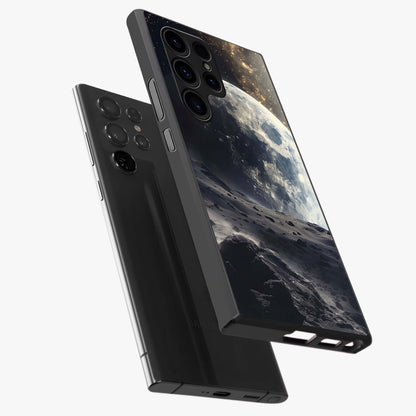 Lunar Horizon Glow Glass Case displayed in angled mockup highlighting celestial moon design with dreamy night aesthetic.