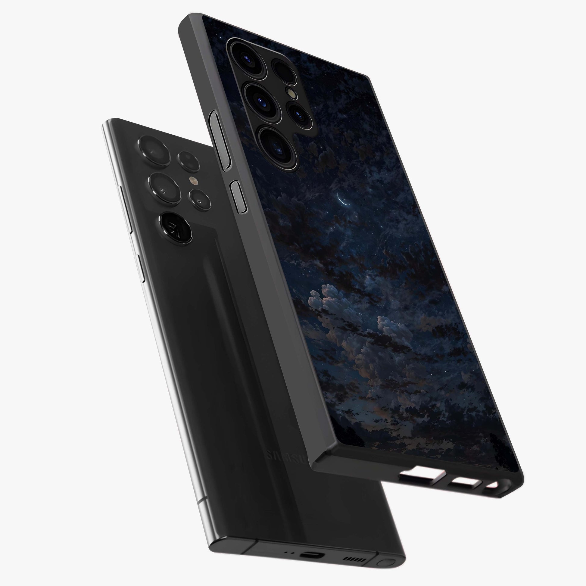Lunar Veil Silence Glass Case displayed in angled mockup highlighting soft lunar design with peaceful celestial aesthetic.