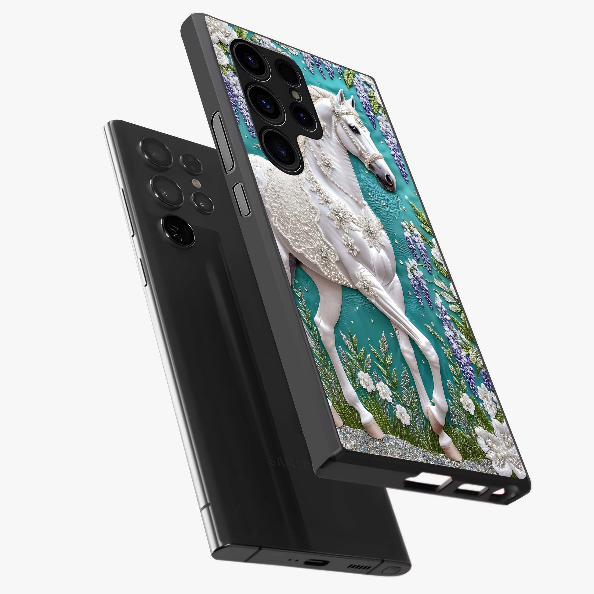 Majestic Floral Stallion Glass Case displayed in angled mockup highlighting majestic stallion illustration with elegant floral aesthetic.
