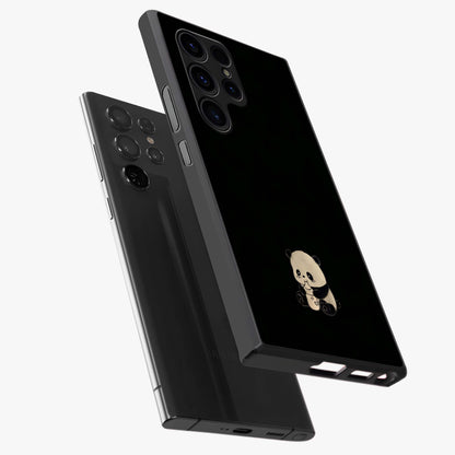 Midnight Panda Love Glass Case displayed in angled mockup highlighting adorable panda illustration with midnight aesthetic.