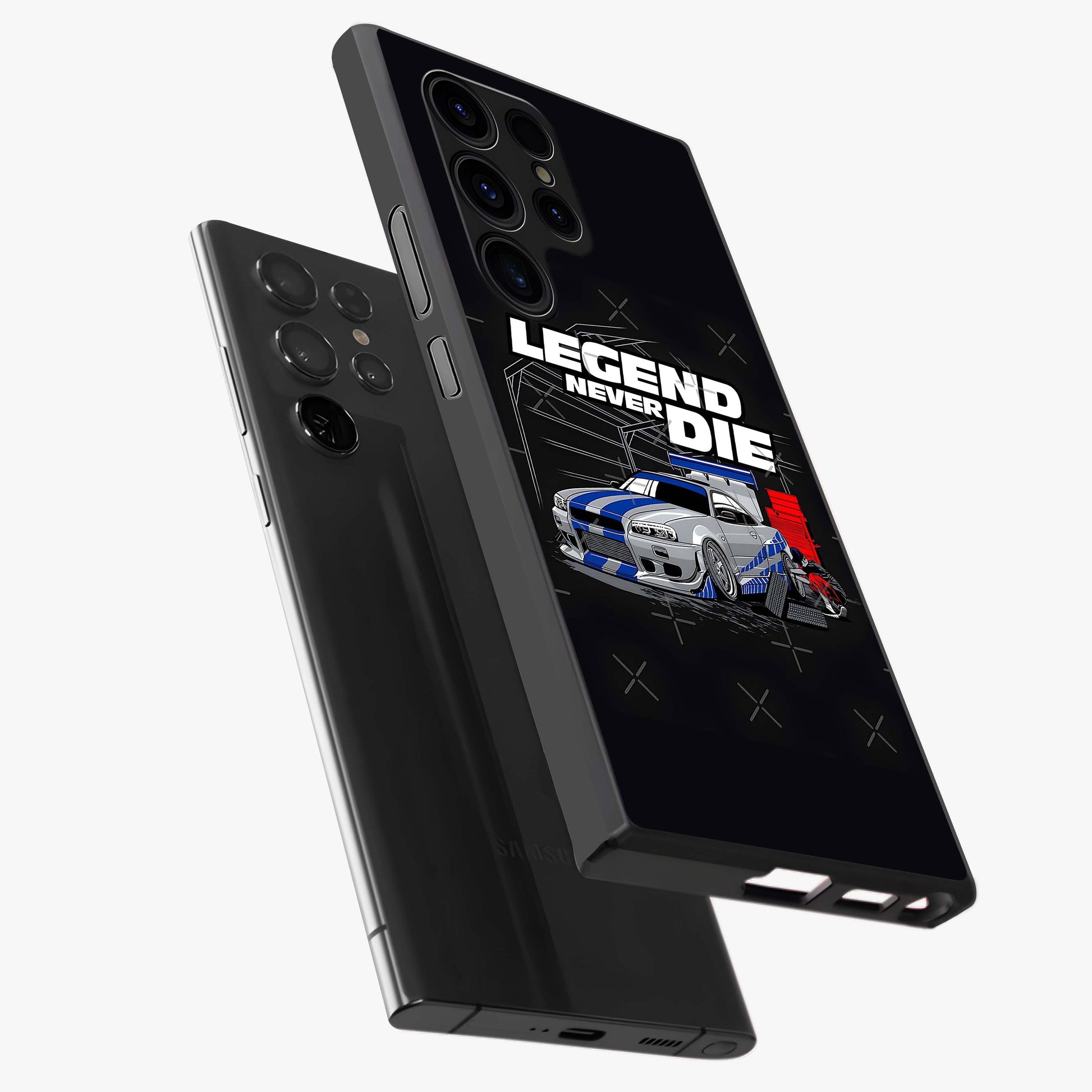 Midnight Racing Legacy Glass Case displayed in angled mockup highlighting dynamic automotive design with bold midnight aesthetic.
