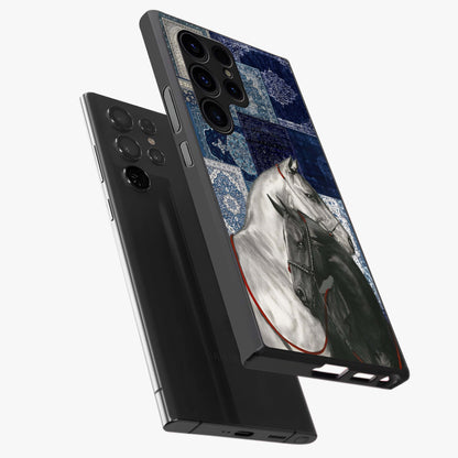Midnight Stallion Blues Glass Case displayed in angled mockup highlighting powerful stallion illustration with deep midnight tones.