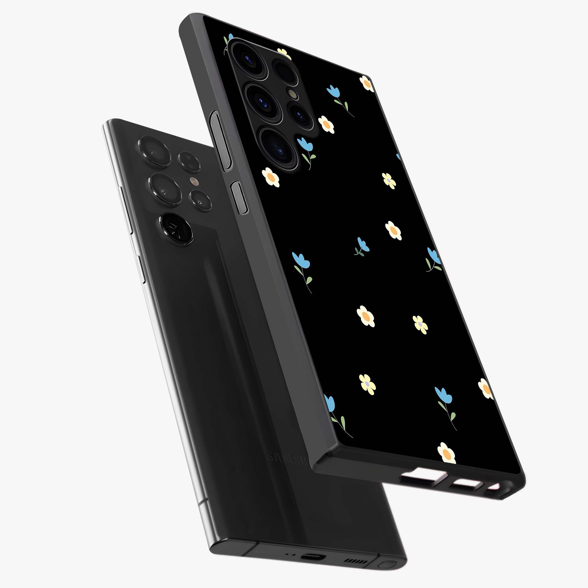 Minimal Petal Whispers Glass Case displayed in angled mockup highlighting delicate petal design with clean minimal aesthetic.