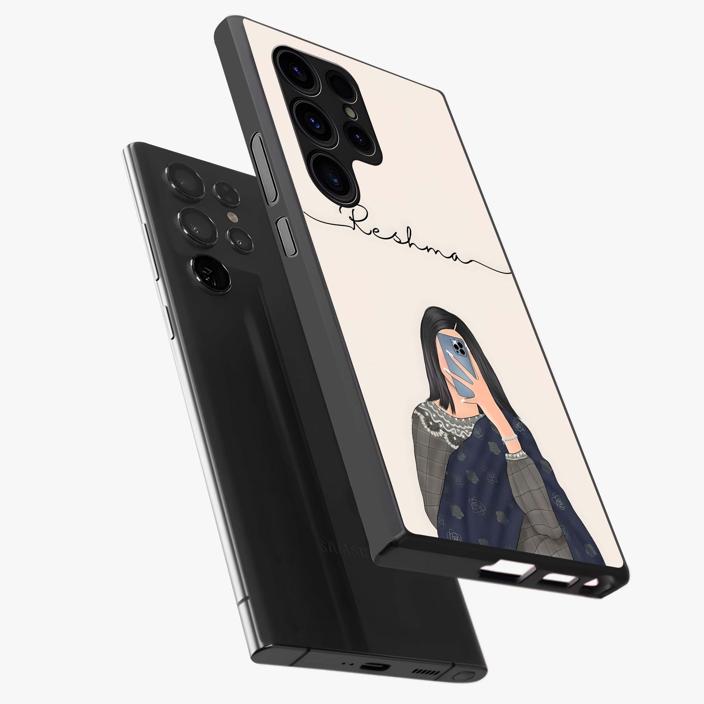 Mirror Mood Muse With Custom Name Glass Case displayed in angled mockup highlighting aesthetic mirror inspired design with custom name feature.