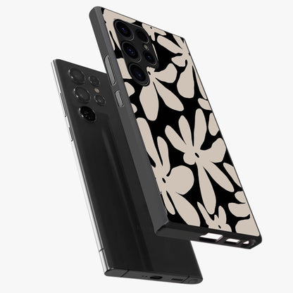 Monochrome Petal Dance Glass Case displayed in angled mockup highlighting elegant petal design with black and white aesthetic.